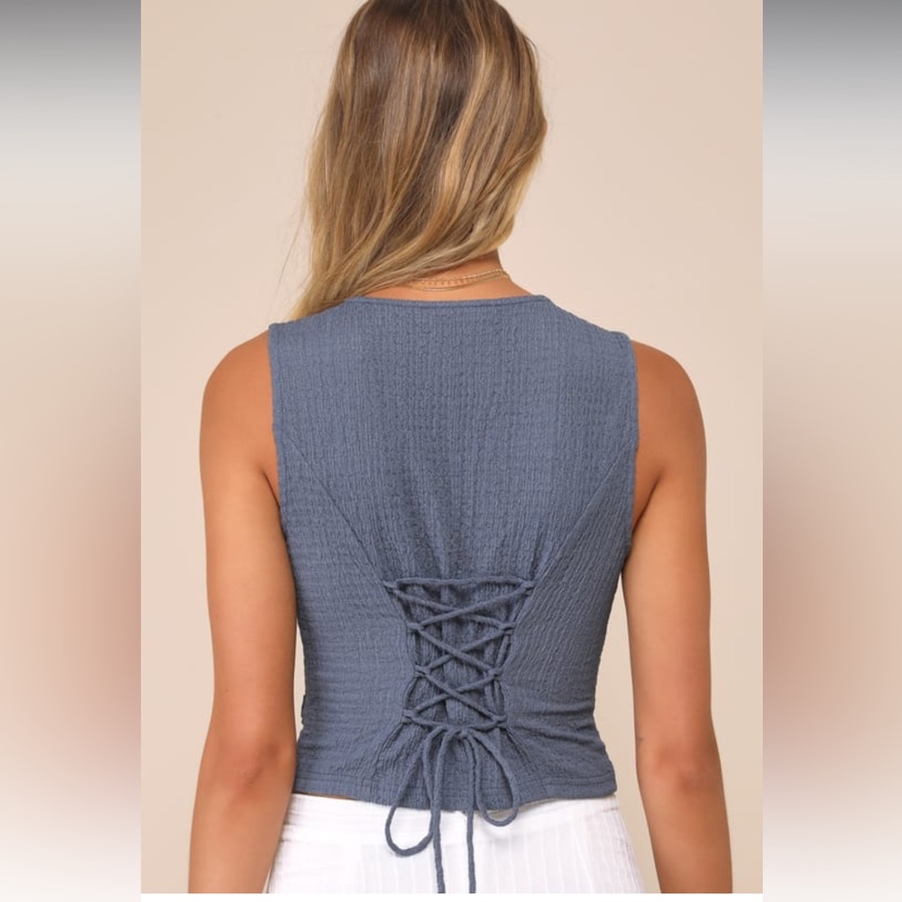 True Charm Dark Blue Textured Lace-Up Sleeveless Vest Top Large NWT - Picture 2 of 6